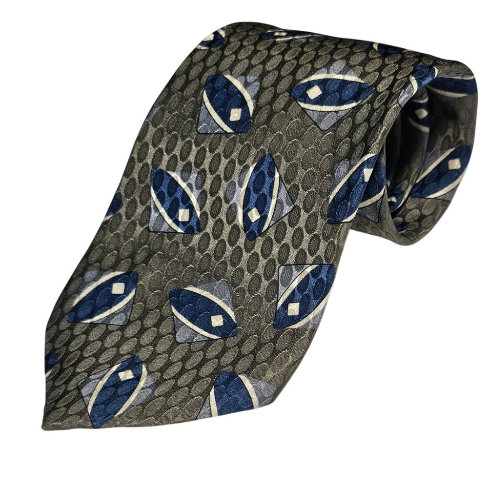 Vintage‎ Oscar de la Renta Silk Tie Mens Grey Blue Geometric Couture Collection